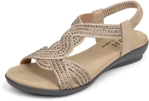 VJH confort Women's Flat Sandals Rhinestone Stretchy Strap Low Wedge Comfy Dressy Walking Sandals