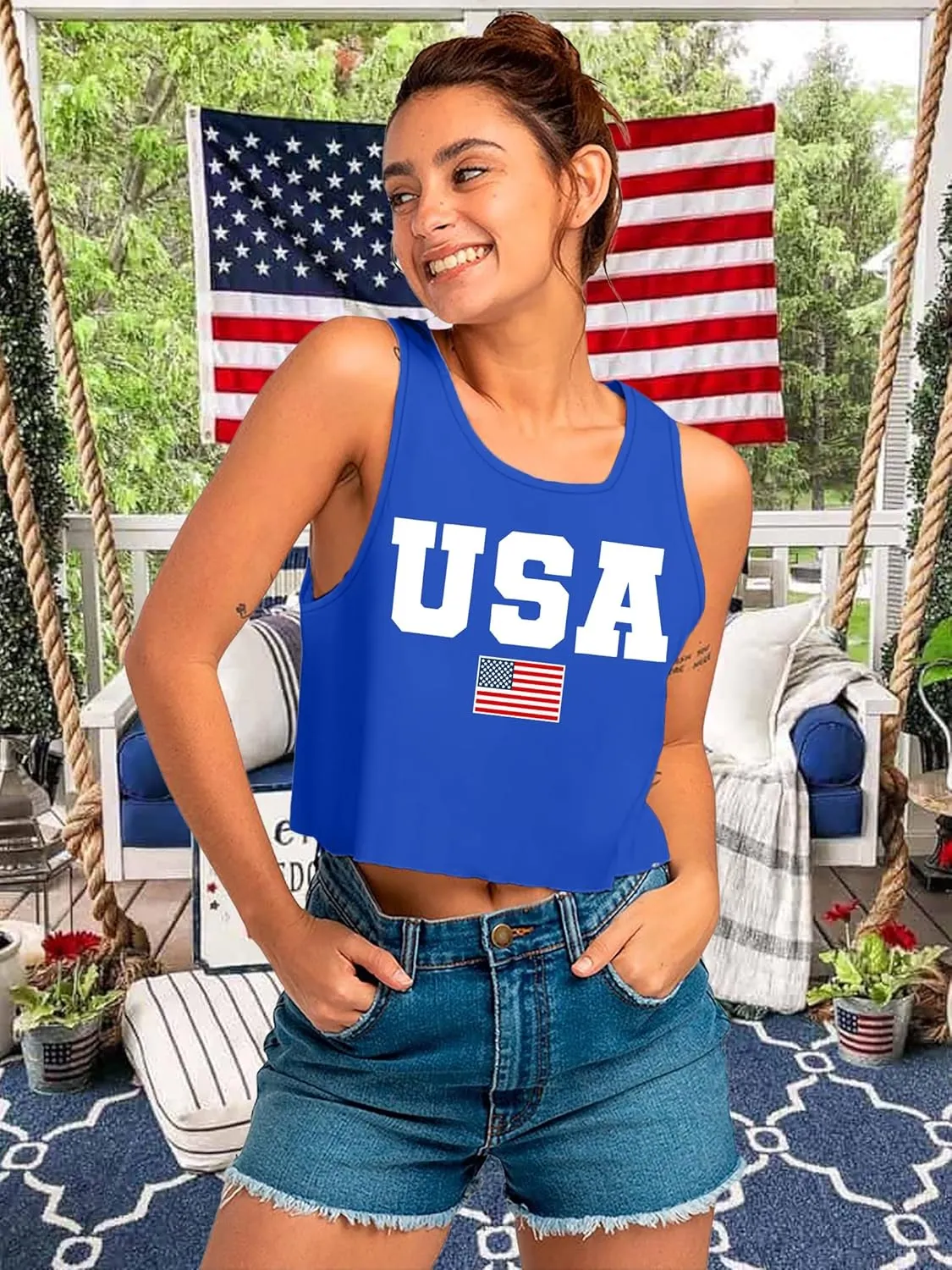 VVNTY American Flag Crop Tank Tops Women's Patriotic 4th of July Tee Girls Summer Sleeveless USA Shirts