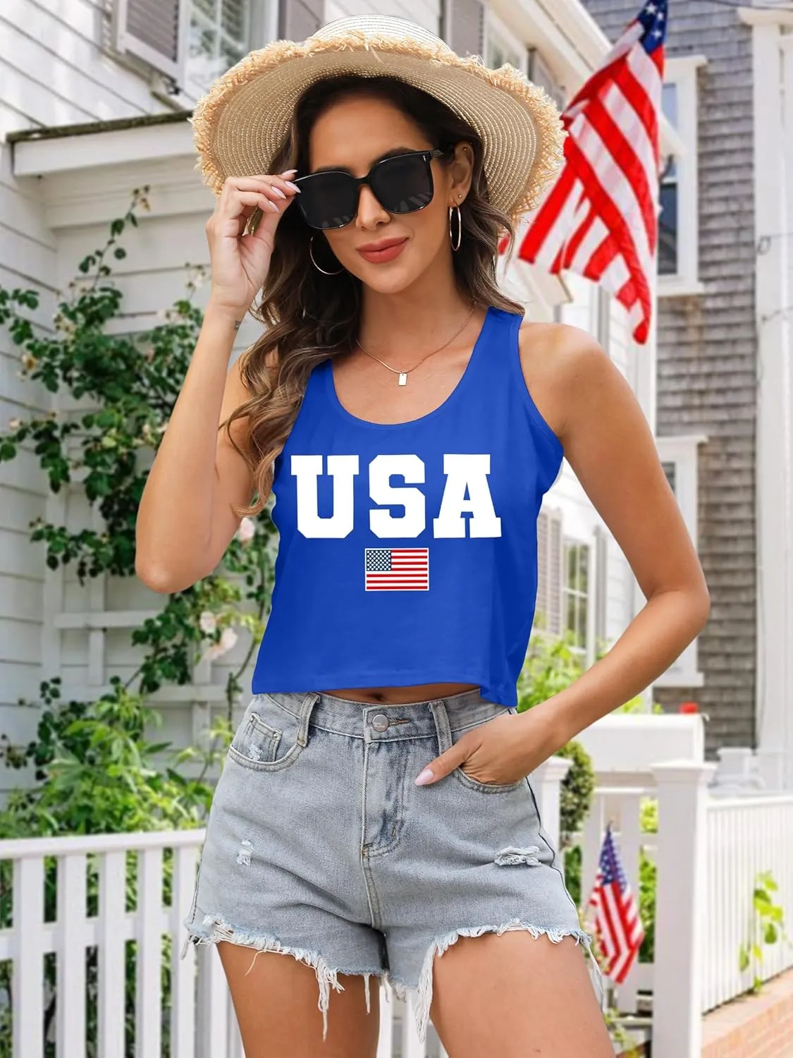 VVNTY American Flag Crop Tank Tops Women's Patriotic 4th of July Tee Girls Summer Sleeveless USA Shirts