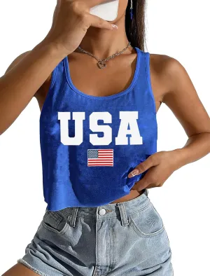 VVNTY American Flag Crop Tank Tops Women's Patriotic 4th of July Tee Girls Summer Sleeveless USA Shirts