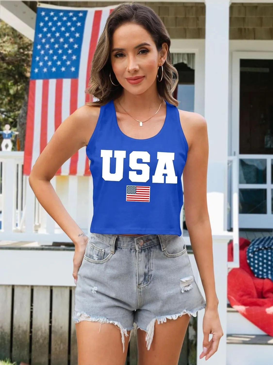 VVNTY American Flag Crop Tank Tops Women's Patriotic 4th of July Tee Girls Summer Sleeveless USA Shirts