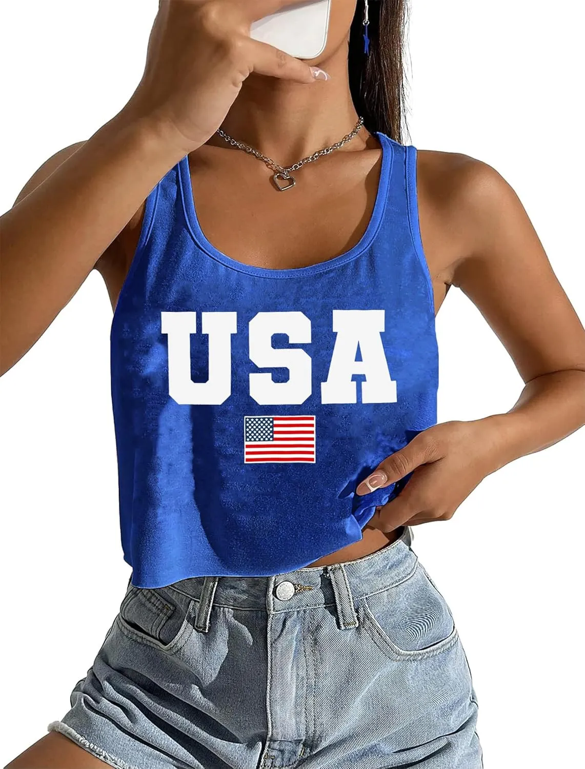 VVNTY American Flag Crop Tank Tops Women's Patriotic 4th of July Tee Girls Summer Sleeveless USA Shirts