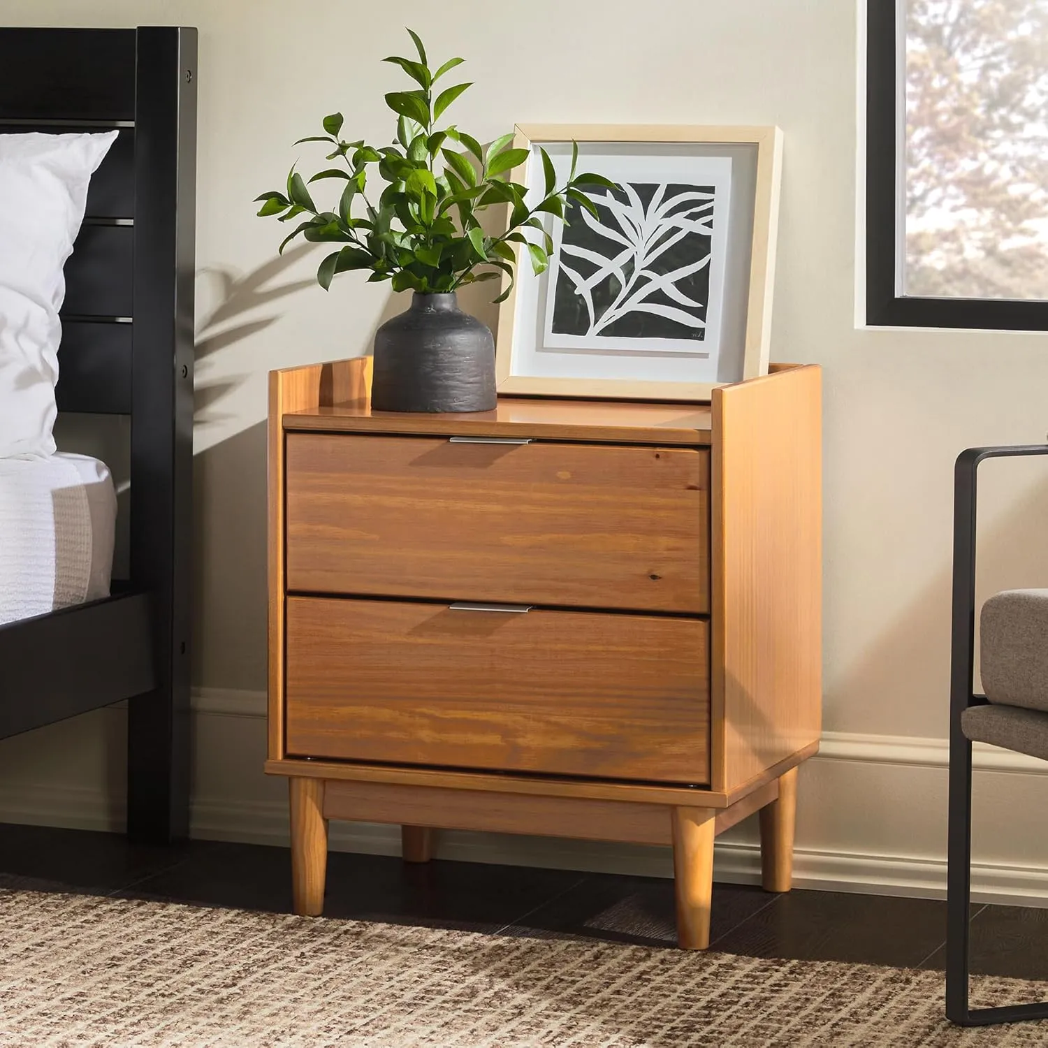 Walker Edison Blythe Mid-Century Modern Tray-Top 2-Drawer Nightstand, 20 Inch, Caramel