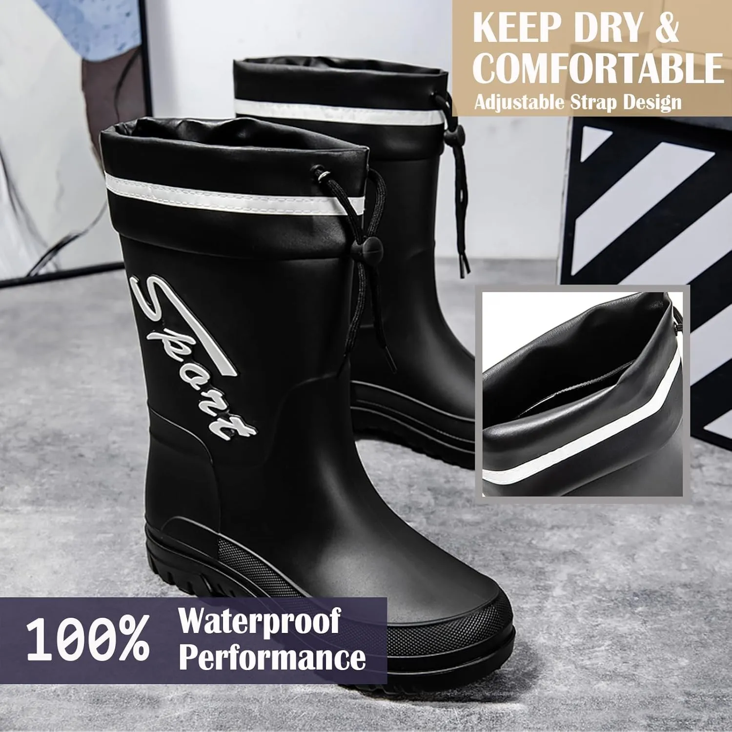 Waterproof Garden Rain Boots for Men Breathable Lightweight Mid Calf Deck Fishing Outdoor Slip Resistant Shoes