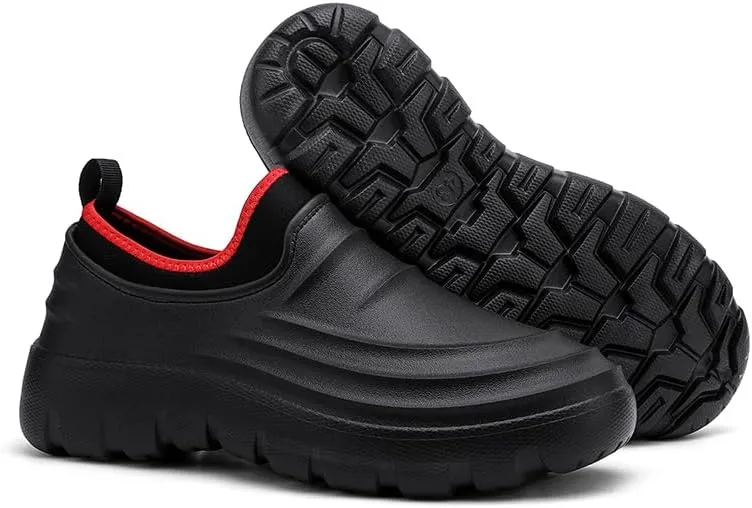 Waterproof Slip-On Garden Shoes, Black Platform Clogs, Lightweight Outdoor Work Shoes