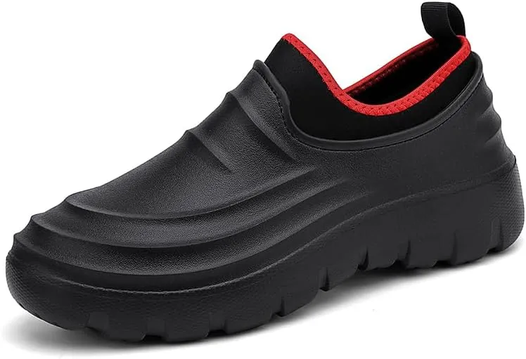 Waterproof Slip-On Garden Shoes, Black Platform Clogs, Lightweight Outdoor Work Shoes