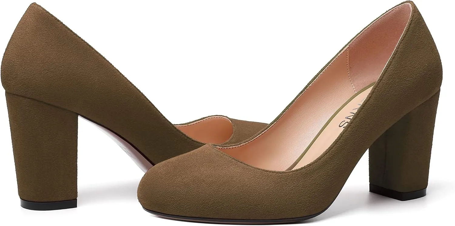 WAYDERNS Womens Suede Round Toe Office Solid Slip On Fashion Block High Heel Pumps Shoes 3.3 Inch