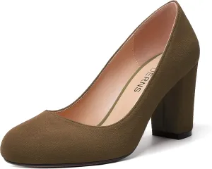 WAYDERNS Womens Suede Round Toe Office Solid Slip On Fashion Block High Heel Pumps Shoes 3.3 Inch