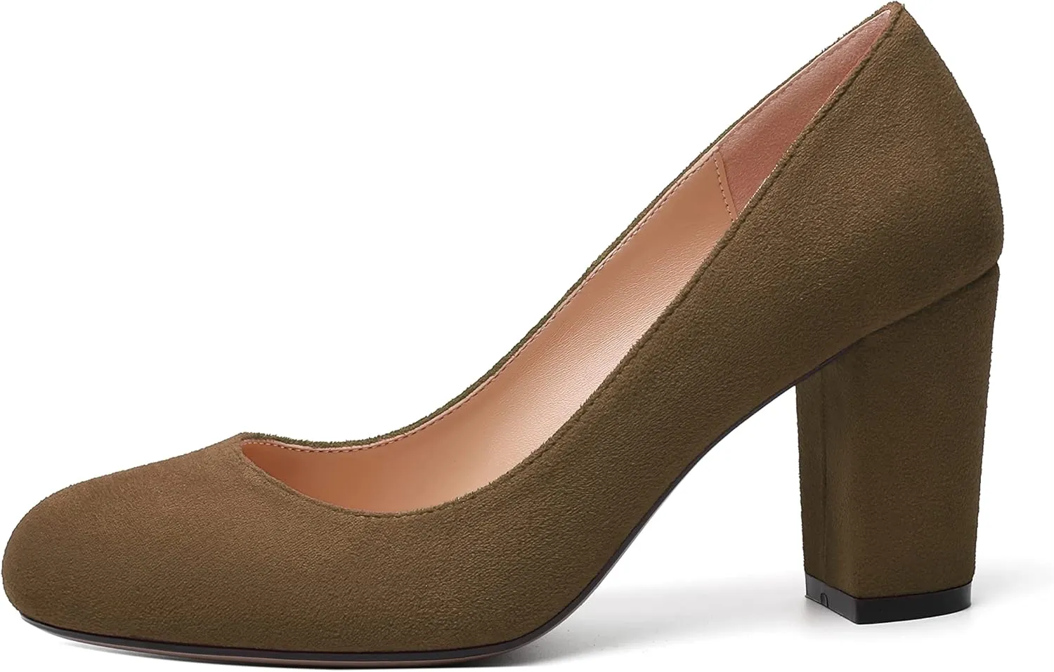 WAYDERNS Womens Suede Round Toe Office Solid Slip On Fashion Block High Heel Pumps Shoes 3.3 Inch