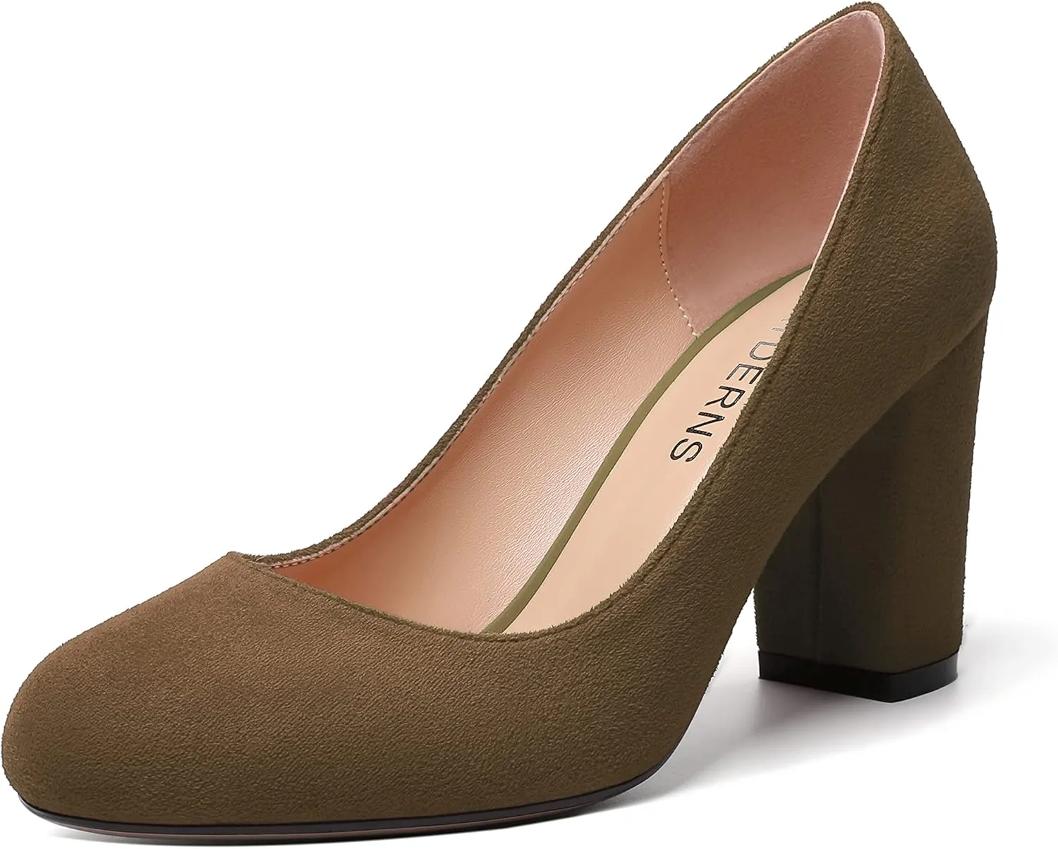 WAYDERNS Womens Suede Round Toe Office Solid Slip On Fashion Block High Heel Pumps Shoes 3.3 Inch