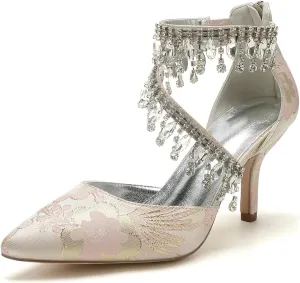 Wedding Shoes Rhinestone Buckle Bridal Silk Women Pointed Toe Satin Pumps High Heel Prom Shoes