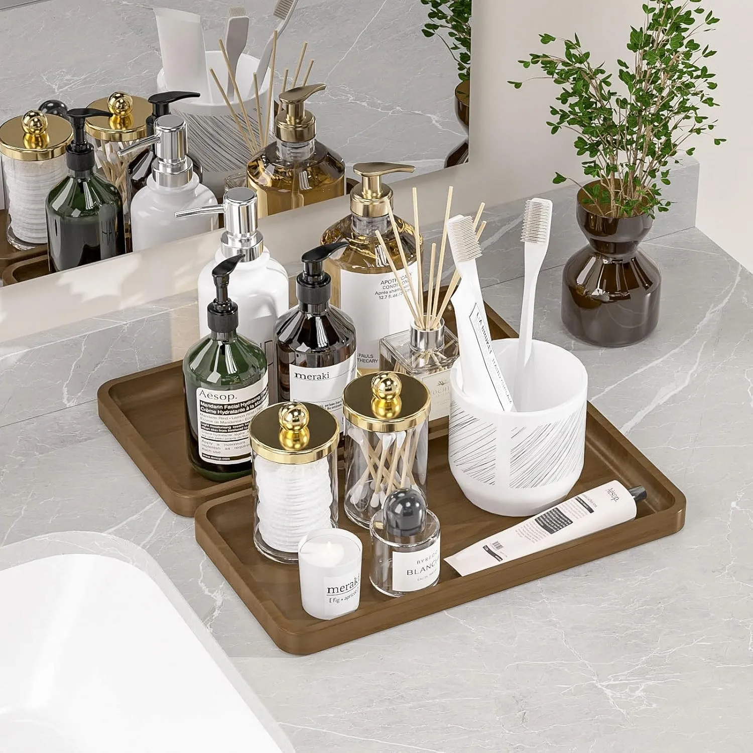 Weenson Bathroom Vanity Tray for Countertop Makeup Jewelry Perfume Decor Candle, Bamboo Kitchen Tray for Soap Dispenser Spice Salt Oil, Brwon Tray for Toilet Tank Coffee Nightstand Set of 2