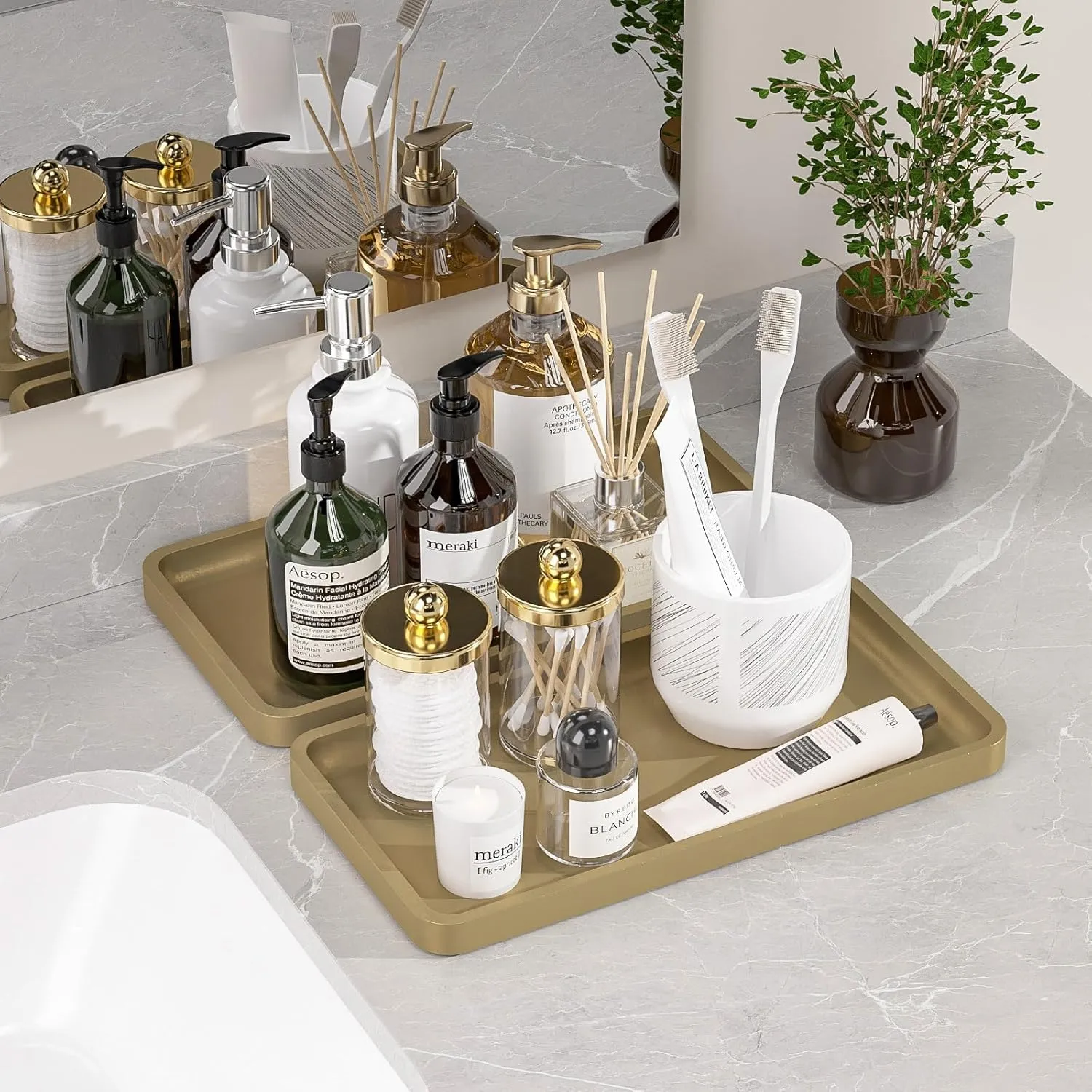 Weenson Gold Bathroom Vanity Tray for Countertop Jewelry Makeup Perfume Candles Decor, Bamboo Kitchen Tray for Soap Dispenser Spice Salt, Gold Tray for Toilet Tank Coffee Nightstand Set of 2