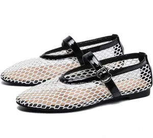 WENJIAZHIZHI Mesh Ballet Flats for Women Buckle Strap Comfy Breathable Shoes Casual Ballerina Shoes