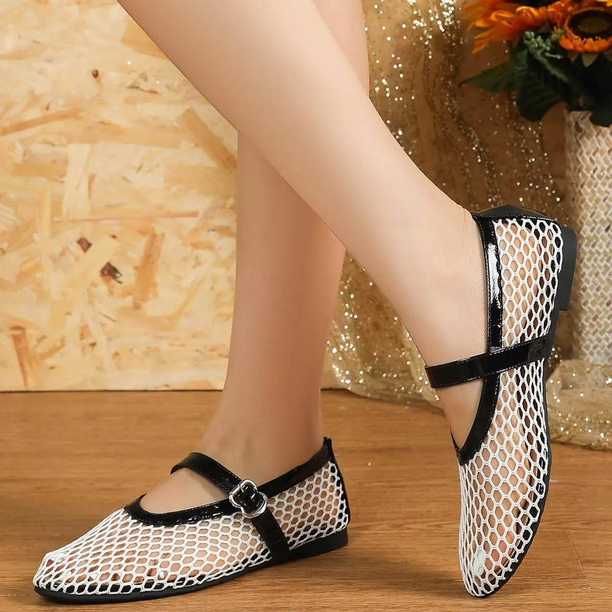 WENJIAZHIZHI Mesh Ballet Flats for Women Buckle Strap Comfy Breathable Shoes Casual Ballerina Shoes