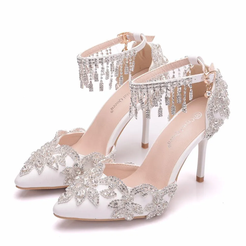 White Crystal Bridal design Sandal Shoes with Tassel Wristband