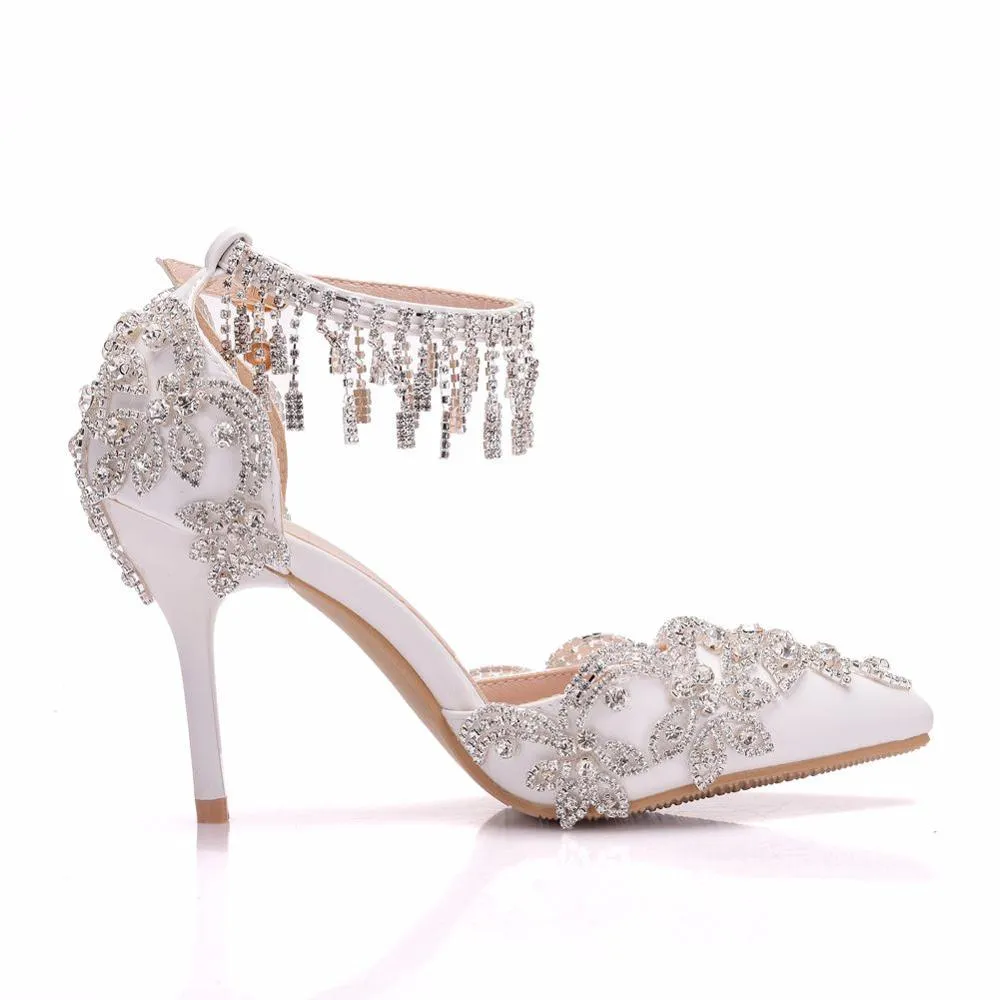 White Crystal Bridal design Sandal Shoes with Tassel Wristband