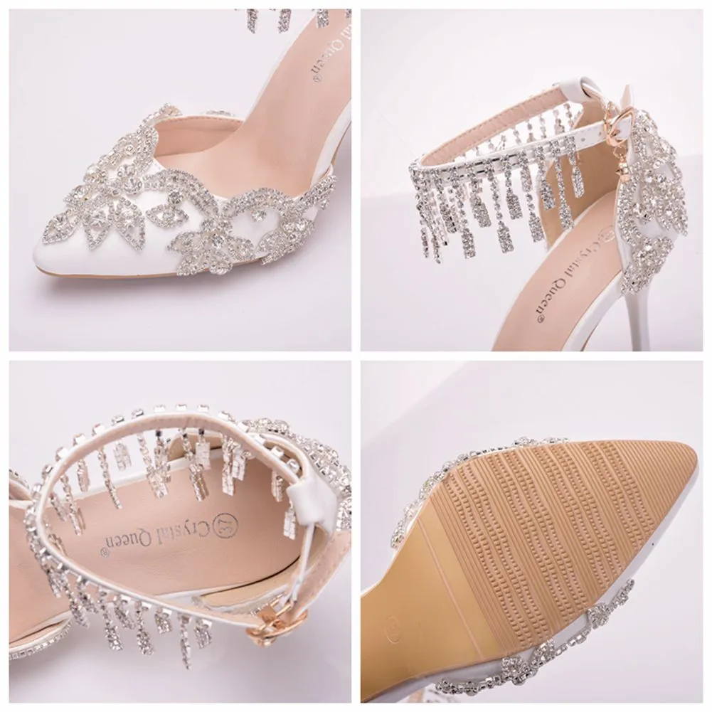 White Crystal Bridal design Sandal Shoes with Tassel Wristband
