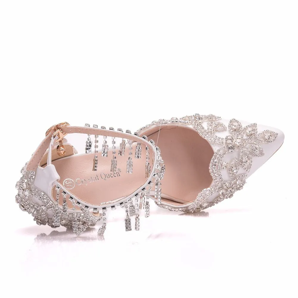 White Crystal Bridal design Sandal Shoes with Tassel Wristband