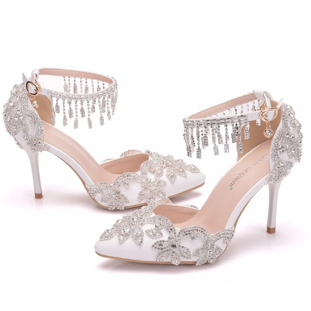 White Crystal Bridal design Sandal Shoes with Tassel Wristband