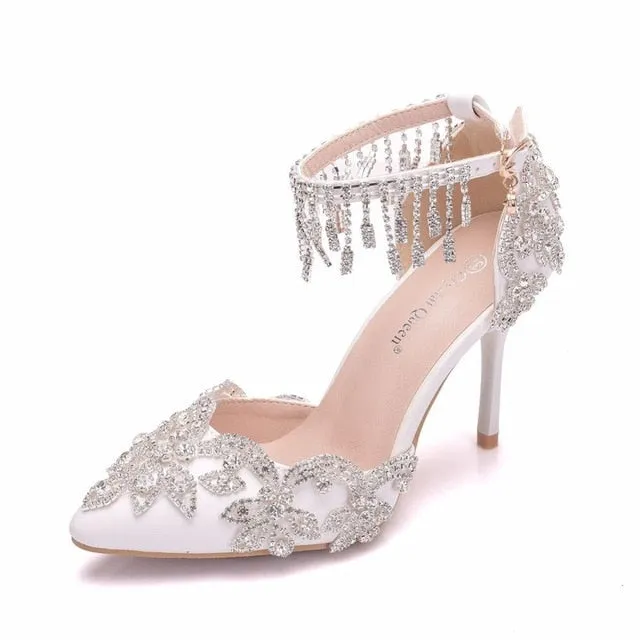 White Crystal Bridal design Sandal Shoes with Tassel Wristband
