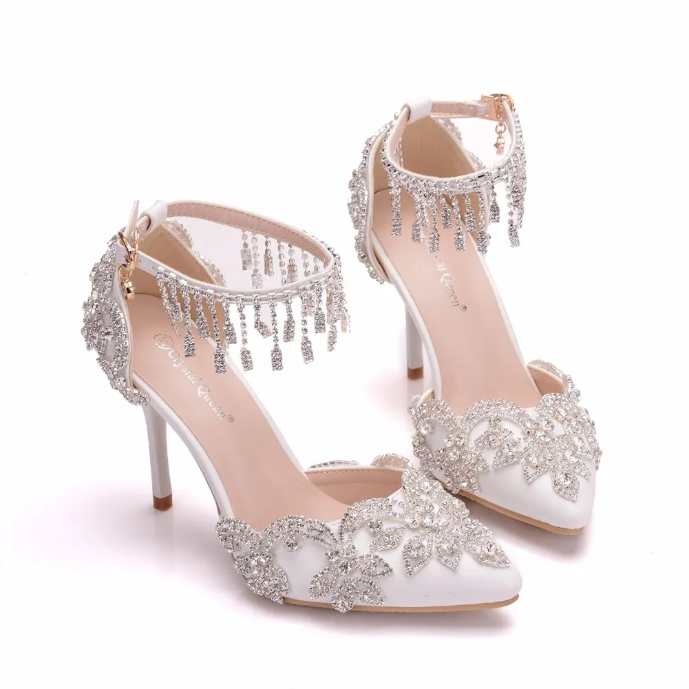 White Crystal Bridal design Sandal Shoes with Tassel Wristband