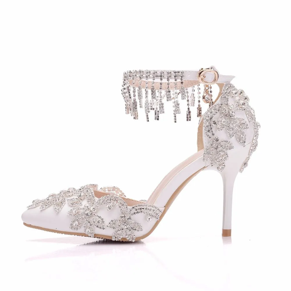 White Crystal Bridal design Sandal Shoes with Tassel Wristband