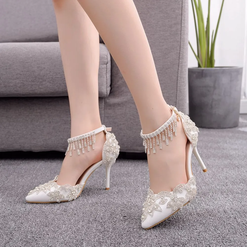 White Crystal Bridal design Sandal Shoes with Tassel Wristband