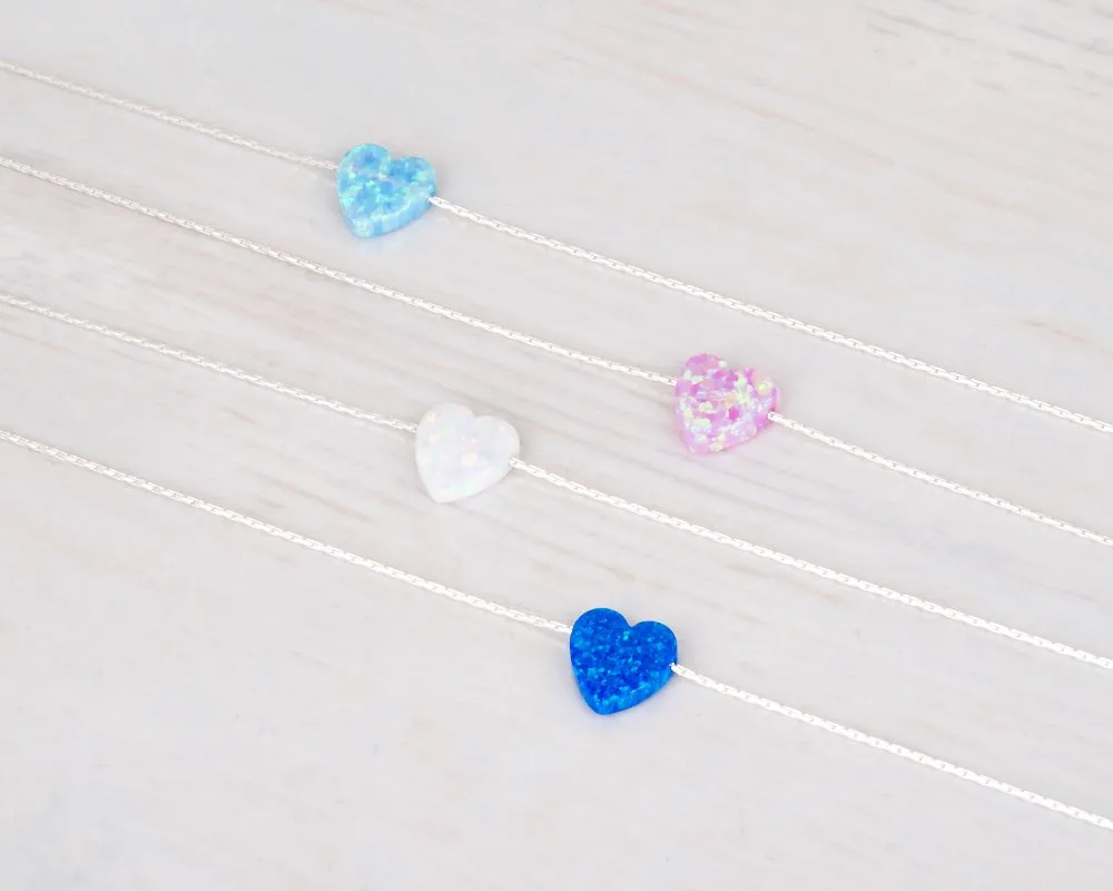White Opal Heart On Sterling Silver 925 Choker Necklace - Designer Handmade Minimal Necklace for Women - Length: 13.5 inch   3 inch Extender (sterling silver, white)