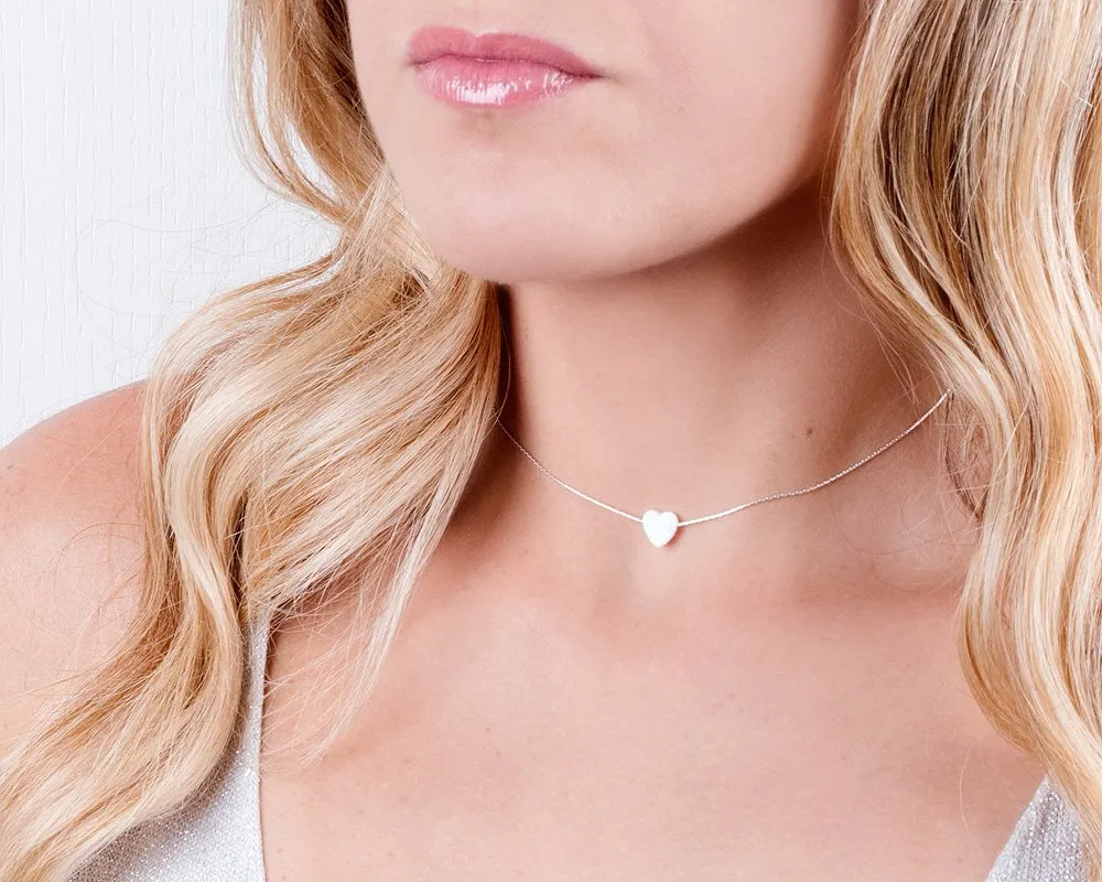 White Opal Heart On Sterling Silver 925 Choker Necklace - Designer Handmade Minimal Necklace for Women - Length: 13.5 inch   3 inch Extender (sterling silver, white)