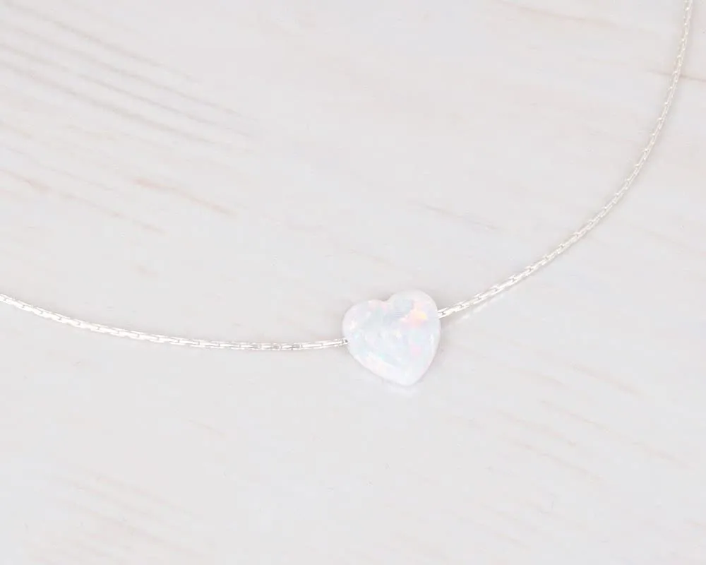 White Opal Heart On Sterling Silver 925 Choker Necklace - Designer Handmade Minimal Necklace for Women - Length: 13.5 inch   3 inch Extender (sterling silver, white)