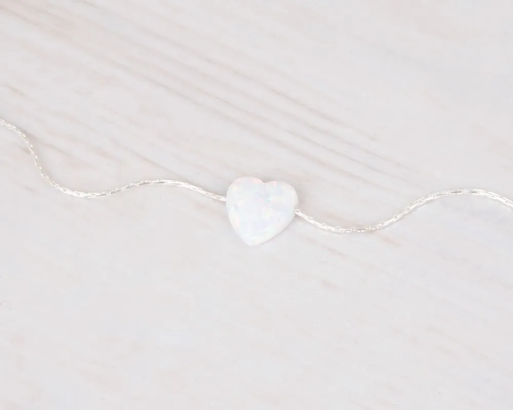 White Opal Heart On Sterling Silver 925 Choker Necklace - Designer Handmade Minimal Necklace for Women - Length: 13.5 inch   3 inch Extender (sterling silver, white)