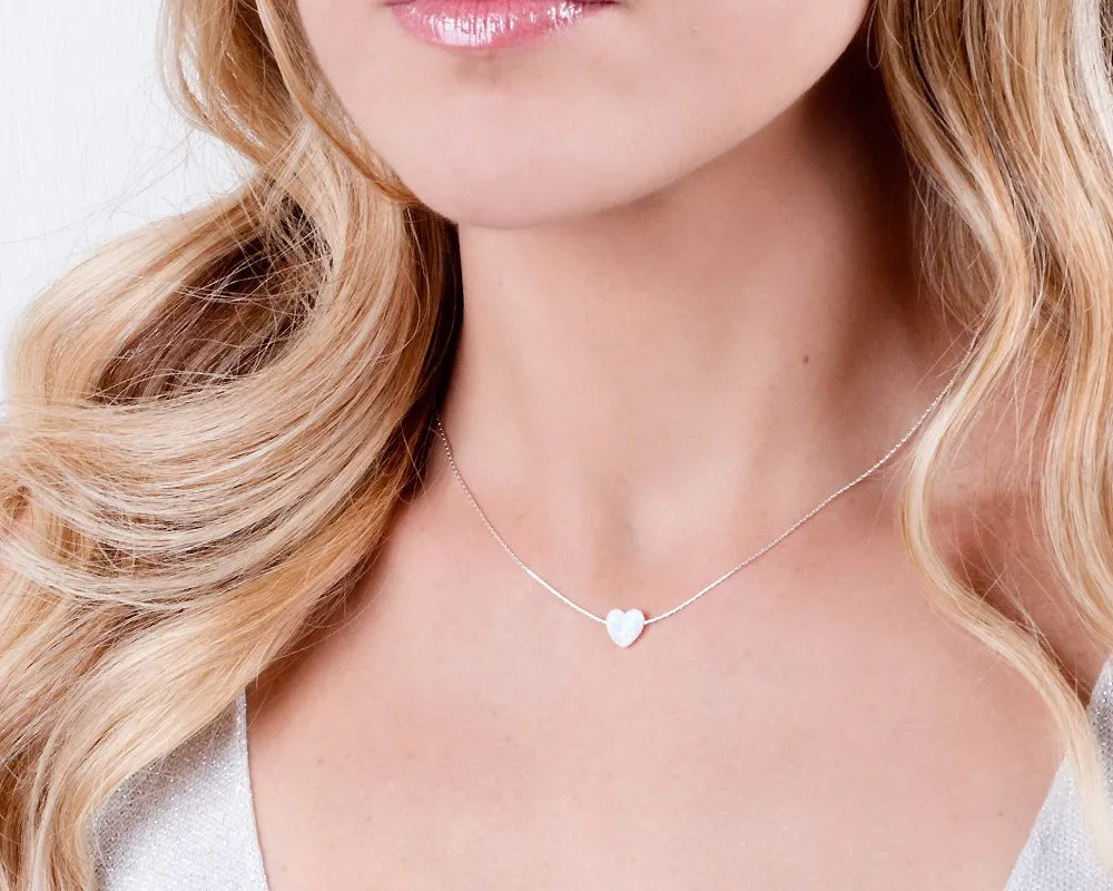 White Opal Heart On Sterling Silver 925 Choker Necklace - Designer Handmade Minimal Necklace for Women - Length: 13.5 inch   3 inch Extender (sterling silver, white)