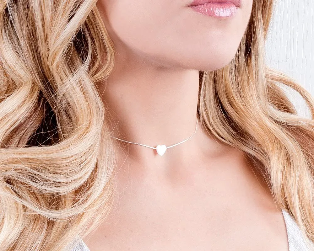 White Opal Heart On Sterling Silver 925 Choker Necklace - Designer Handmade Minimal Necklace for Women - Length: 13.5 inch   3 inch Extender (sterling silver, white)