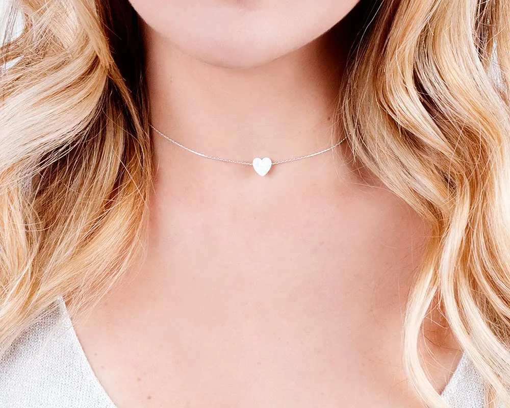 White Opal Heart On Sterling Silver 925 Choker Necklace - Designer Handmade Minimal Necklace for Women - Length: 13.5 inch   3 inch Extender (sterling silver, white)