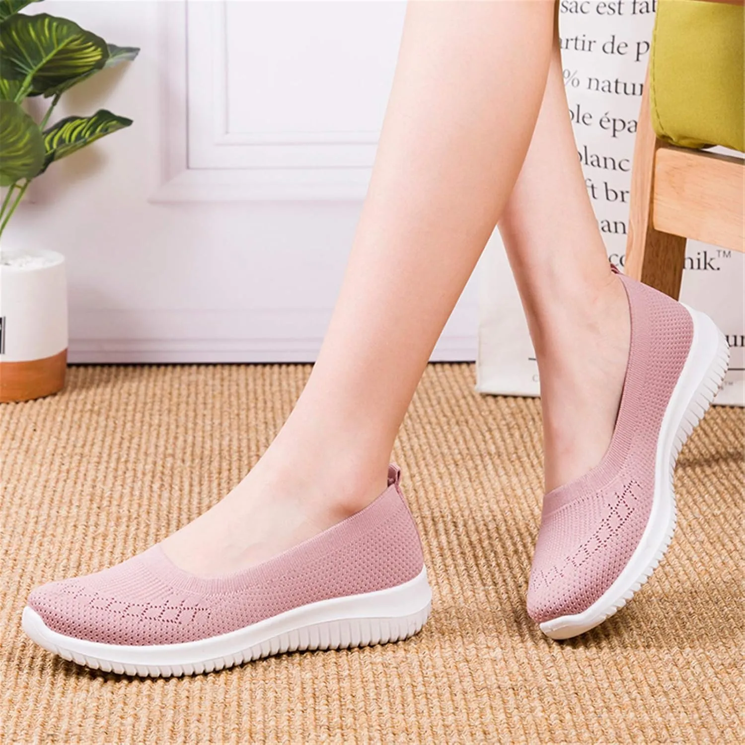 WILLFUN Women’s Breathable Walking Shoes-Slip On Mesh Knitted Flats Soft Gym Sneakers Flexible Lightweight Casual Easy Shoes