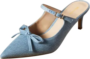 Women Bowknot Pointed Toe Slip On Mules Kitten Low Heel Ladies Stylish Summer Dress Shoes Size 4-16 US