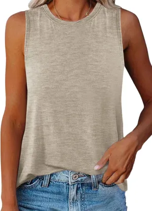 Women Crewneck Curved Hem Tank Tops Summer Casual Sleeveless Loose Fit Tunic Tops 2024
