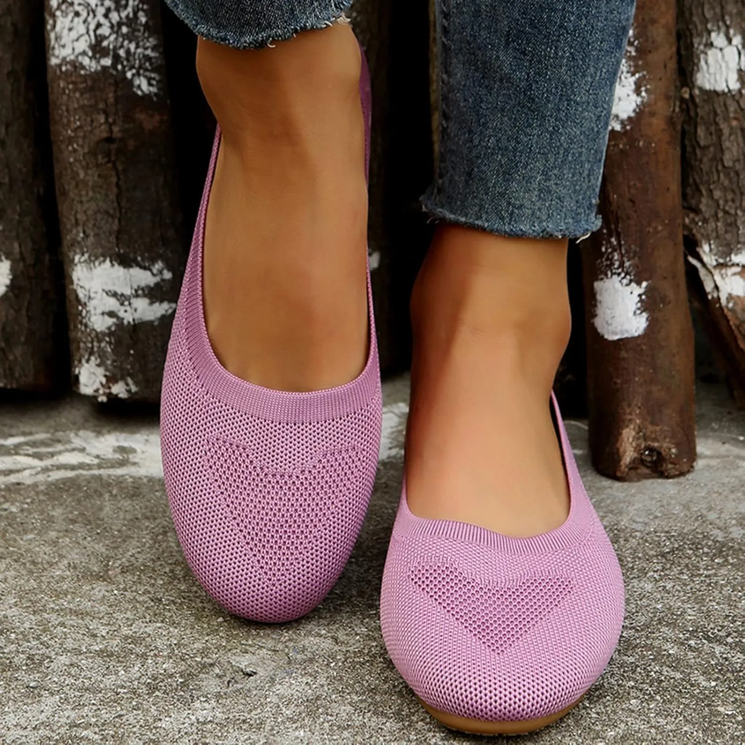 Women Flats Round-Toe Dress Shoes Comfortable Knit Shoes Slip On Loafers Casual Office Shoes Comfy Work Shoes