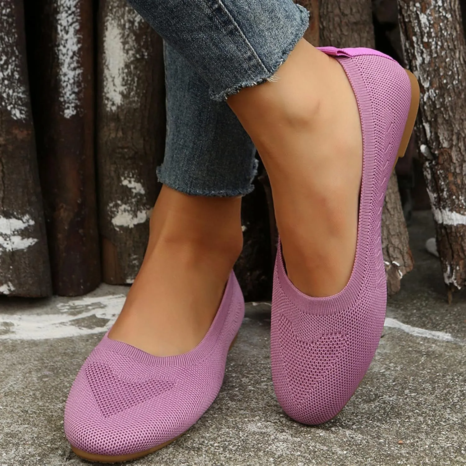 Women Flats Round-Toe Dress Shoes Comfortable Knit Shoes Slip On Loafers Casual Office Shoes Comfy Work Shoes