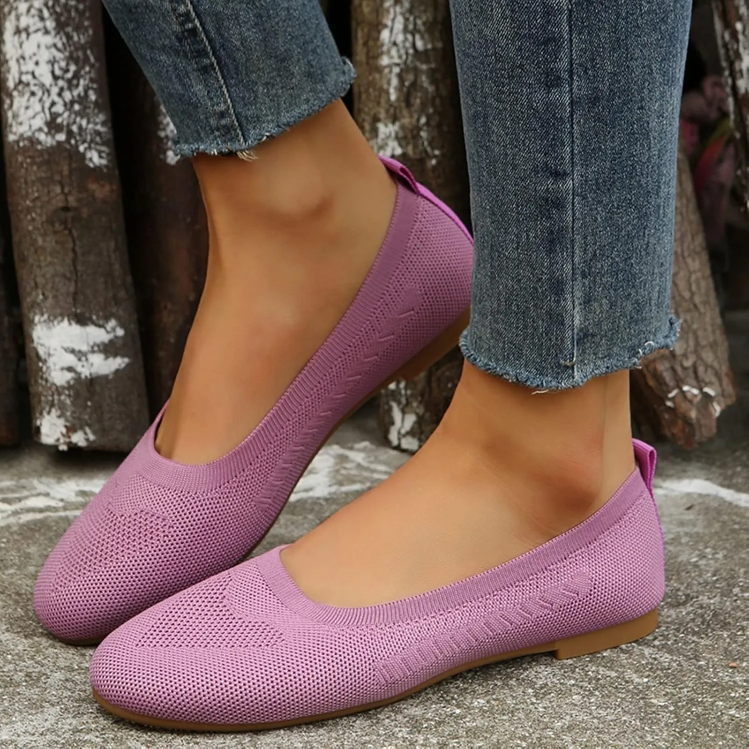 Women Flats Round-Toe Dress Shoes Comfortable Knit Shoes Slip On Loafers Casual Office Shoes Comfy Work Shoes
