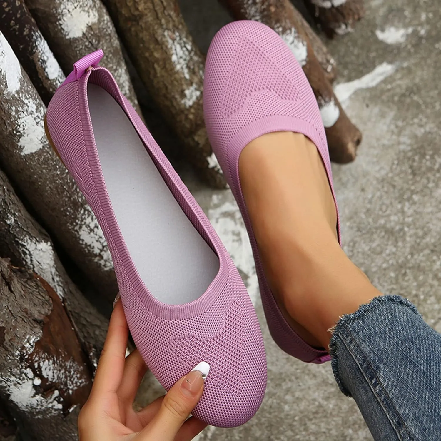 Women Flats Round-Toe Dress Shoes Comfortable Knit Shoes Slip On Loafers Casual Office Shoes Comfy Work Shoes