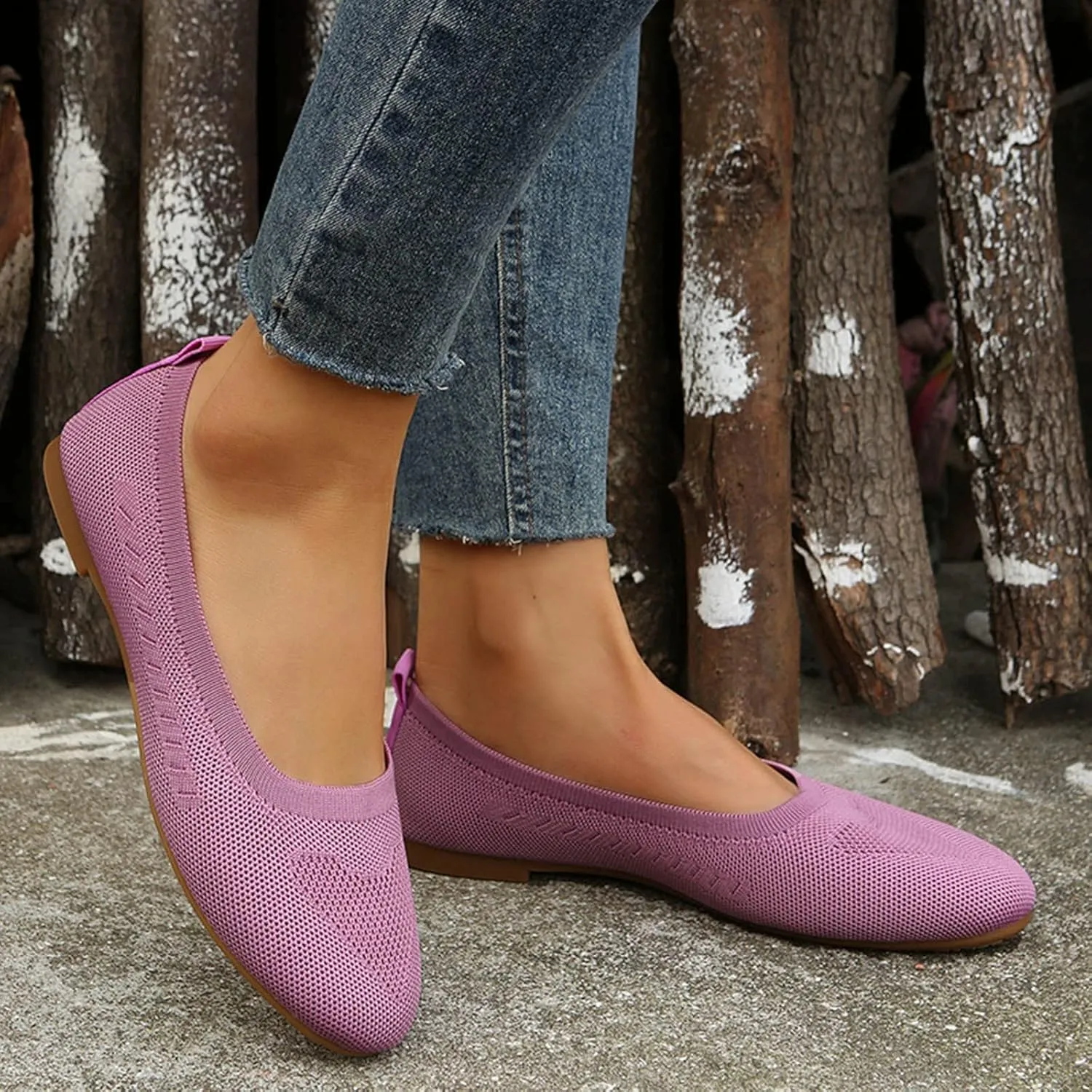 Women Flats Round-Toe Dress Shoes Comfortable Knit Shoes Slip On Loafers Casual Office Shoes Comfy Work Shoes