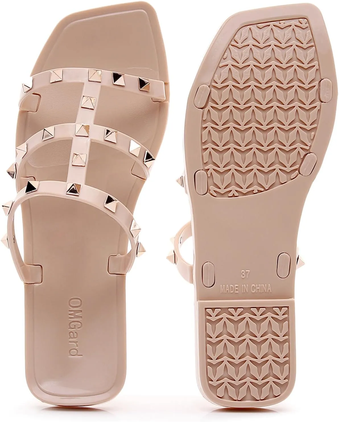 Women Flats Sandals, Studded Jelly Shoes Size 9 Red Dressy Summer Beach Rivets Strappy Jellies Slide Slip On Open Toes