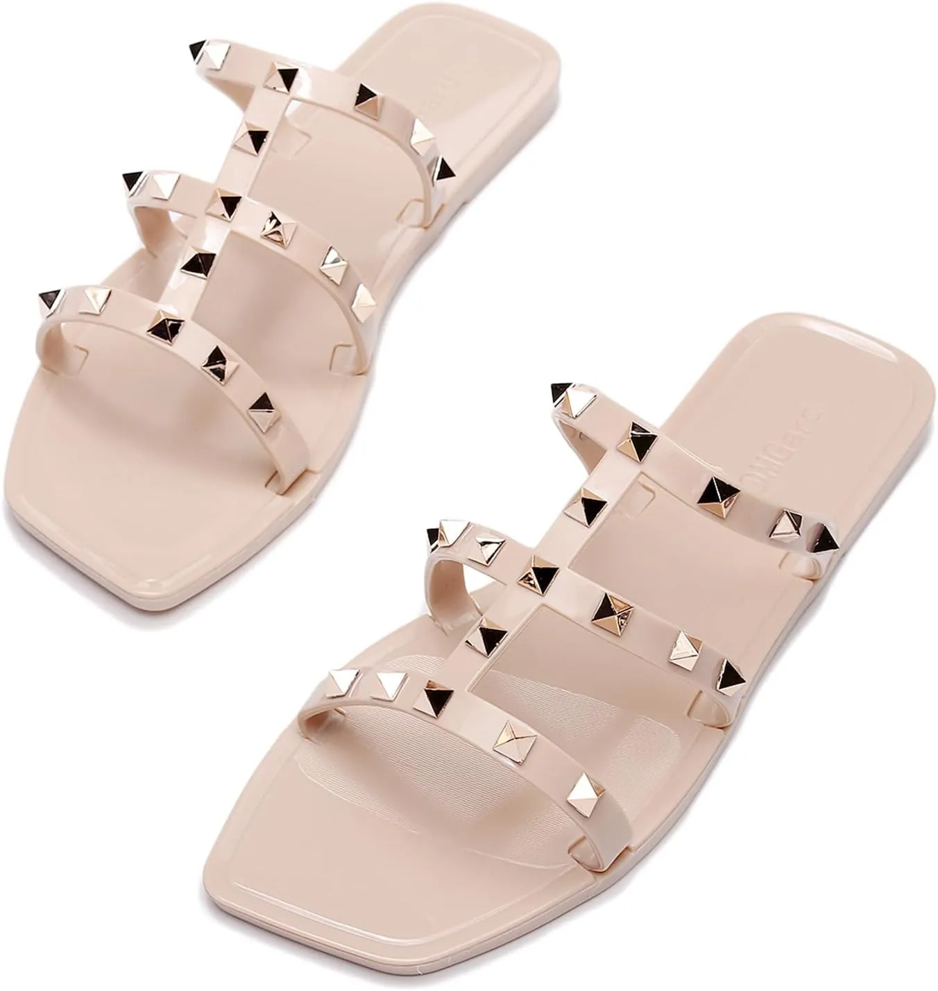 Women Flats Sandals, Studded Jelly Shoes Size 9 Red Dressy Summer Beach Rivets Strappy Jellies Slide Slip On Open Toes