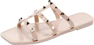Women Flats Sandals, Studded Jelly Shoes Size 9 Red Dressy Summer Beach Rivets Strappy Jellies Slide Slip On Open Toes