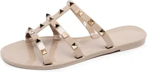 Women Flats Sandals, Studded Jelly Shoes Size 9 Red Dressy Summer Beach Rivets Strappy Jellies Slide Slip On Open Toes