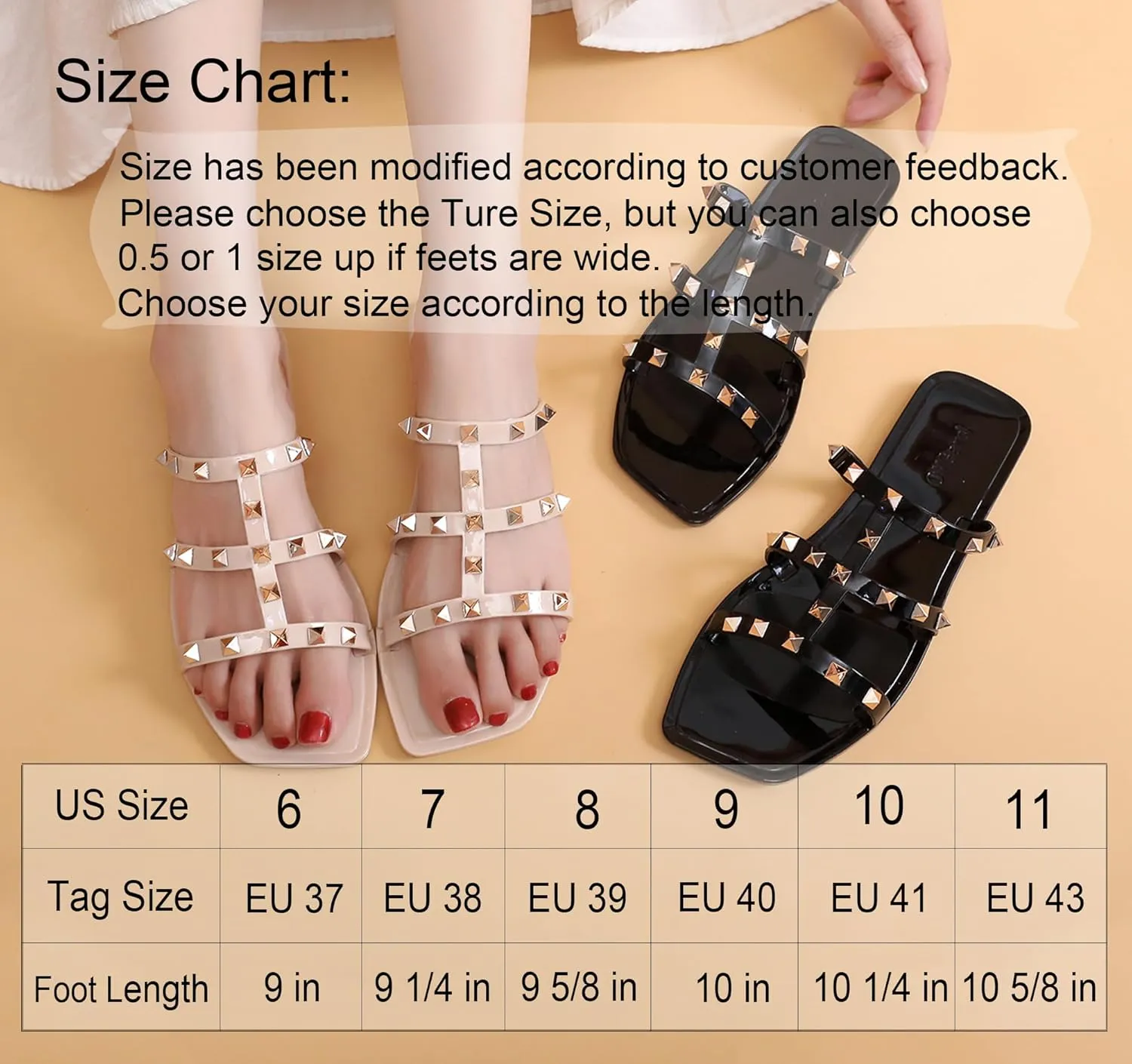 Women Flats Sandals, Studded Jelly Shoes Size 9 Red Dressy Summer Beach Rivets Strappy Jellies Slide Slip On Open Toes