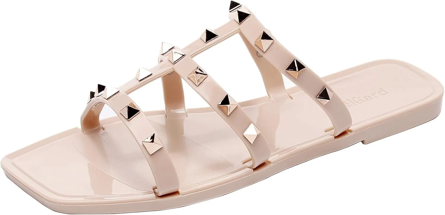 Women Flats Sandals, Studded Jelly Shoes Size 9 Red Dressy Summer Beach Rivets Strappy Jellies Slide Slip On Open Toes