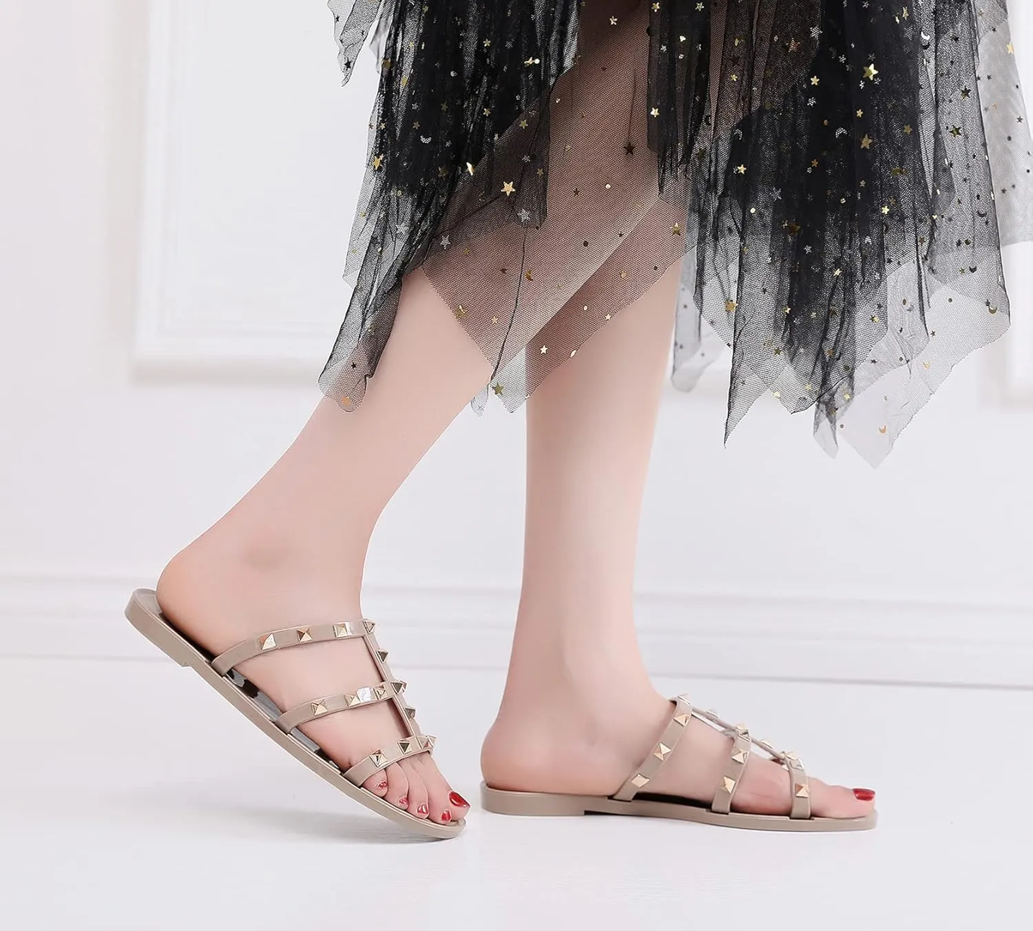 Women Flats Sandals, Studded Jelly Shoes Size 9 Red Dressy Summer Beach Rivets Strappy Jellies Slide Slip On Open Toes